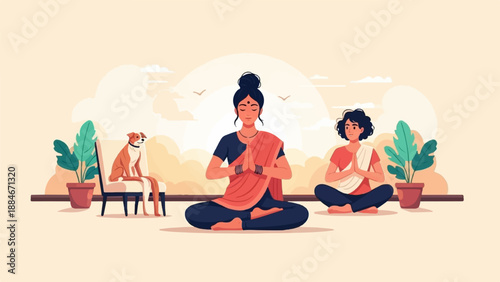 Two women and a dog practice yoga outdoors on a balcony with plants