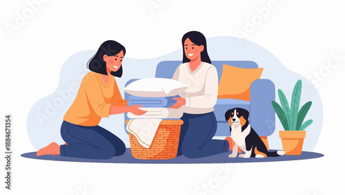 Two women folding laundry next to a dog and potted plant