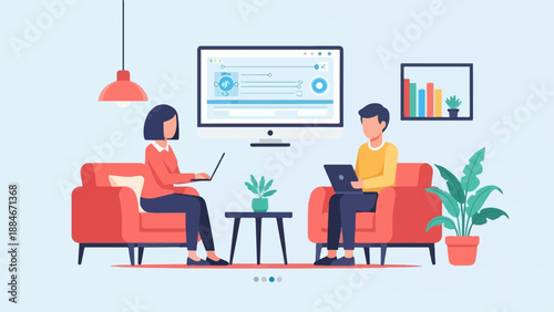 Two people work on laptops in a modern office setting with plants and a large monitor