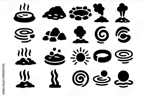 Volcanic Hot Spring Icon. Solid style icons of Volcanic Hot Spring: steaming pool, mineral crust, rocky basin, thermal vent, hot