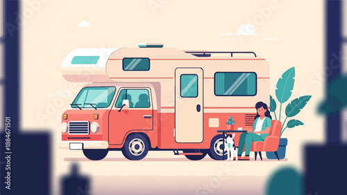 Woman with dog relaxes beside RV with coffee and plants