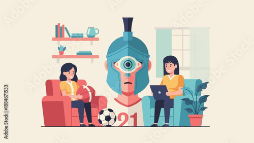 Two women and a cyclops helmet with a soccer ball