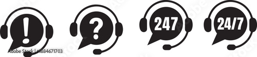 Customer support icons showing exclamation question and twenty four seven availability