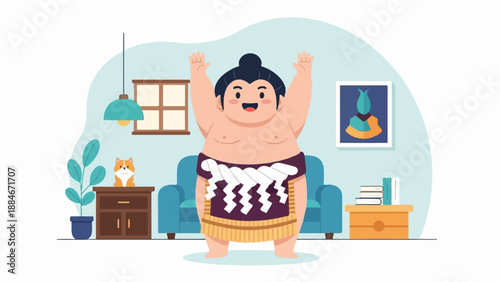 Cartoon sumo wrestler in a room with a dog and a plant