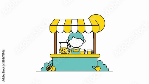 Cartoon child selling lemonade from a stand with lemons and sunshine