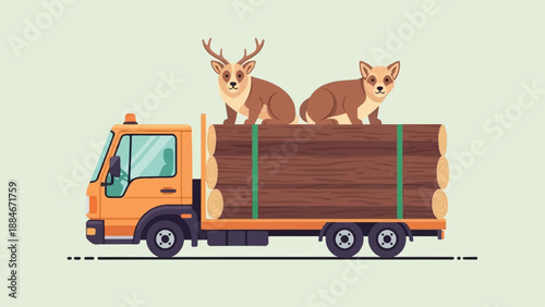 Cartoon truck transports logs and two cute animals on a light green background