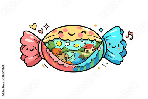 Nostalgic Candy Reveal. Doodle-style vector icon of a memory-filled candy, colorful candy wrapper just beginning to open, smiling