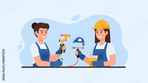 Two smiling workers in blue overalls hold tools and construction equipment