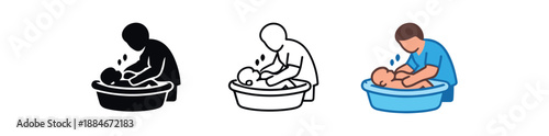 newborn bath icon on light background. parent bathing infant small tub. baby hygiene symbol. action clearly readable