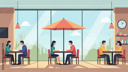 Casual dining in bright cafe with large windows and scenic views