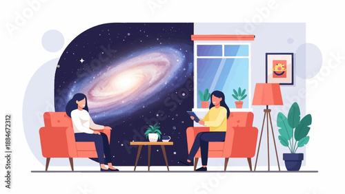 Two women in a room with a galaxy backdrop and homey interior elements