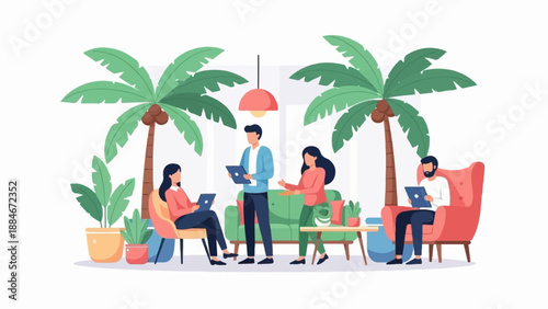 Casual work environment with palm trees, sofas, and people using laptops