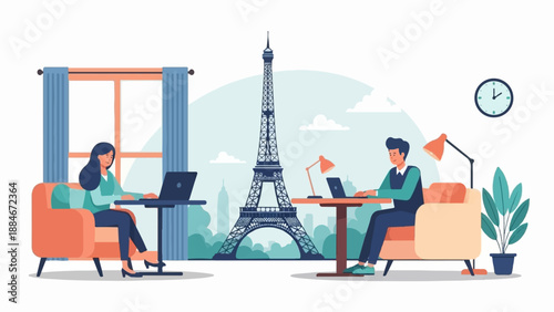 Two people working remotely with Eiffel Tower view