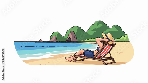 Woman in straw hat reclines on beach chair, enjoying the ocean view