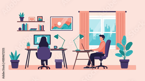 Two people working at desks in a bright room with plants and art