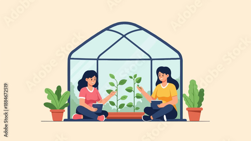 Two young women tending to plants inside a greenhouse