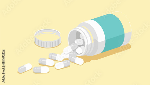 White and gray capsules spill out of a teal-labeled medicine bottle on a pale yellow background