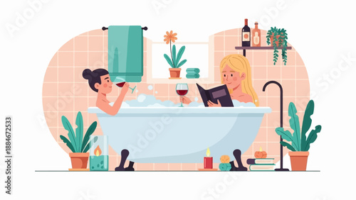Two women relaxing in a bubble bath, enjoying wine and reading