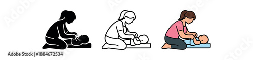 mother changing newborn clothes icon on light background. parent dressing baby first outfit. daily care symbol. action clearly readable