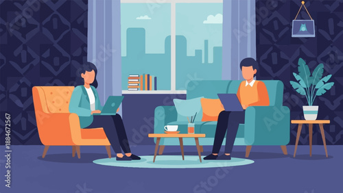 Two people work on laptops in a stylish, modern living room with a cityscape view