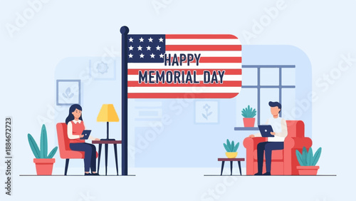 Celebrations of American holiday from home with a flag