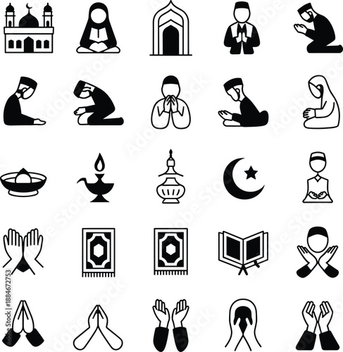 Islamic prayer icons set featuring mosque, Quran, crescent moon, Muslim worship poses, Ramadan symbols, dua hands, religious rituals, spiritual devotion illustrations, minimal black and white design