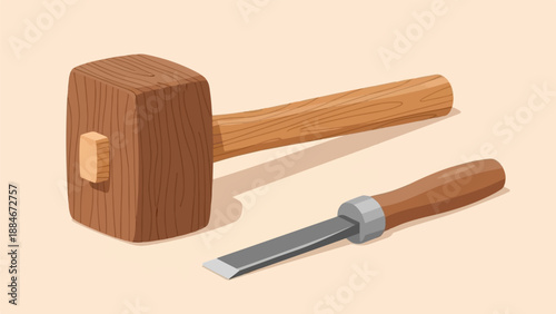 Wooden mallet and chisel, traditional woodworking tools, laid out on a light surface