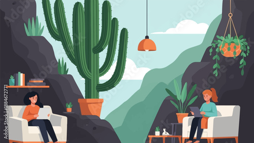 Two women relax in comfortable chairs in a desert-like indoor setting with cacti
