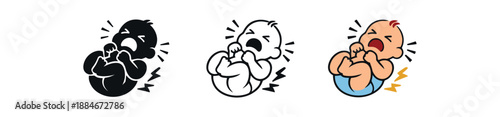 newborn gas pain icon on light background. baby crying with bent legs. colic discomfort symbol. body position clearly readable