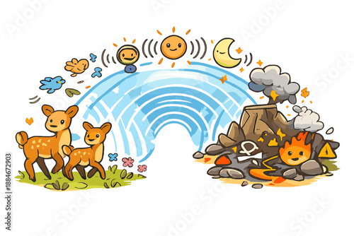 Invisible Light Barrier. A playful doodle-style vector scene of an invisible barrier made of light beams and sound ripples,