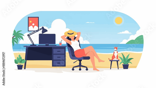 Woman relaxes at beach desk with cat, computer, and drink