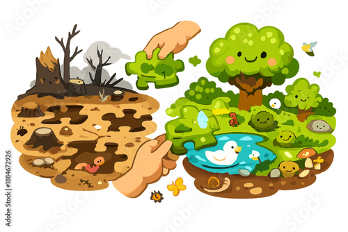 Puzzle Piece Restoration. A friendly doodle-style vector illustration of ecosystem restoration as a puzzle: a damaged landscape