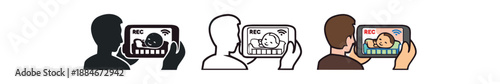 baby monitor use icon on light background. parent watching baby through monitor screen. safety supervision symbol. device clearly readable