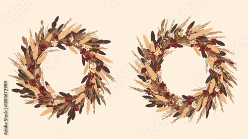 Two rustic autumn wreaths composed of dried grasses, leaves, and berries