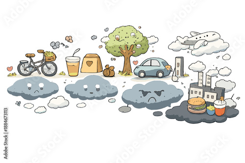 Visible CO₂ Shadows. A whimsical doodle-style vector illustration of invisible impact made visible, where actions project a soft