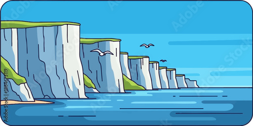 White cliffs and blue sea with seagulls flying under a clear blue sky