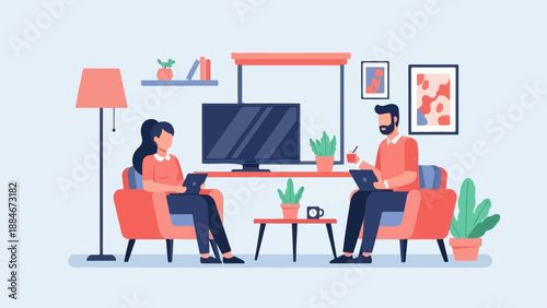 Two people working on laptops on sofas with a tv in the background