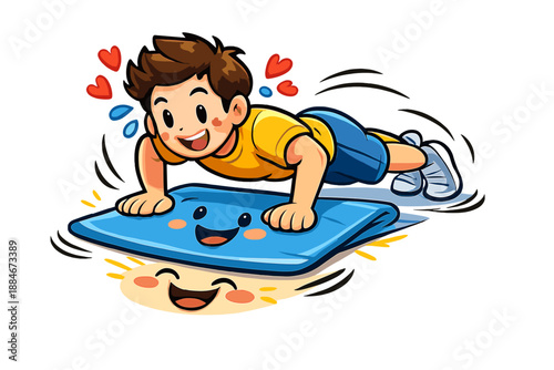 Cheerful Exercise Doodle. Playful doodle home training with a cheerful character doing push-ups, mat and floor smiling,