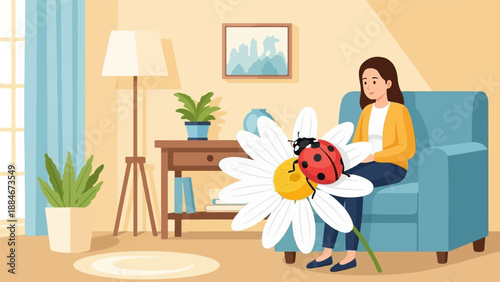 Woman relaxes indoors with ladybug on a daisy, plants, and furniture