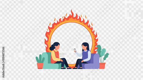 Two women sitting on couches near a fiery ring and plants