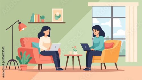 Two women using laptops on chairs at home