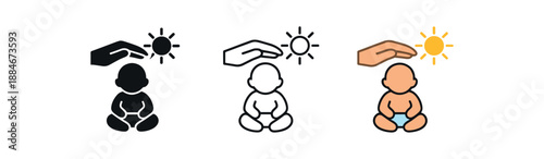 baby sun protection icon on light background. newborn protected from direct sunlight. safety care symbol. gesture clearly readable
