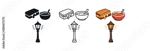 cozy street food grilled cheese sandwich tomato soup street light vibe