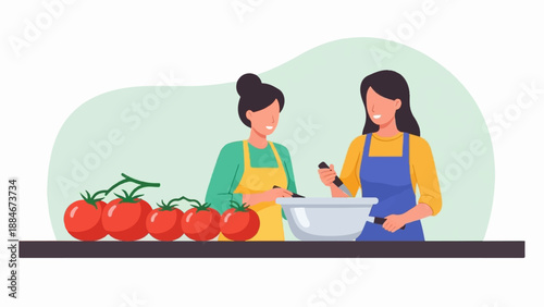 Two women are cooking in the kitchen with tomatoes and a bowl