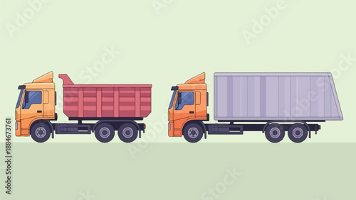 Two trucks, one dump truck, one with a cargo trailer, on a plain background