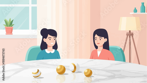 Two women sit at a marble table with decorative balls and a potted plant nearby