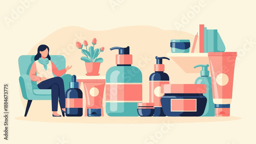 Woman relaxing while surrounded by skincare products and a potted plant