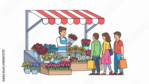 Colorful flower stall with vendor and customers buying bouquets and potted plants
