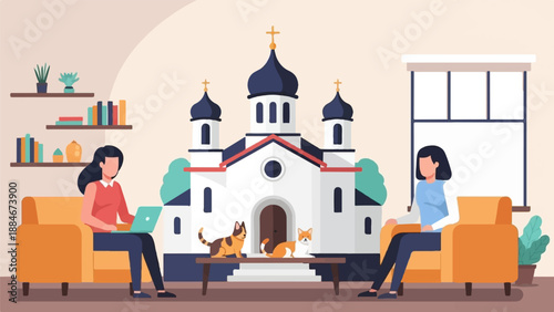 Two women relax at home with their cats, overlooking a church scene