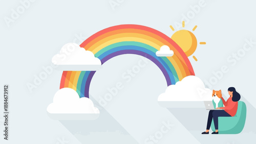 Woman with dog working on laptop under rainbow and sun